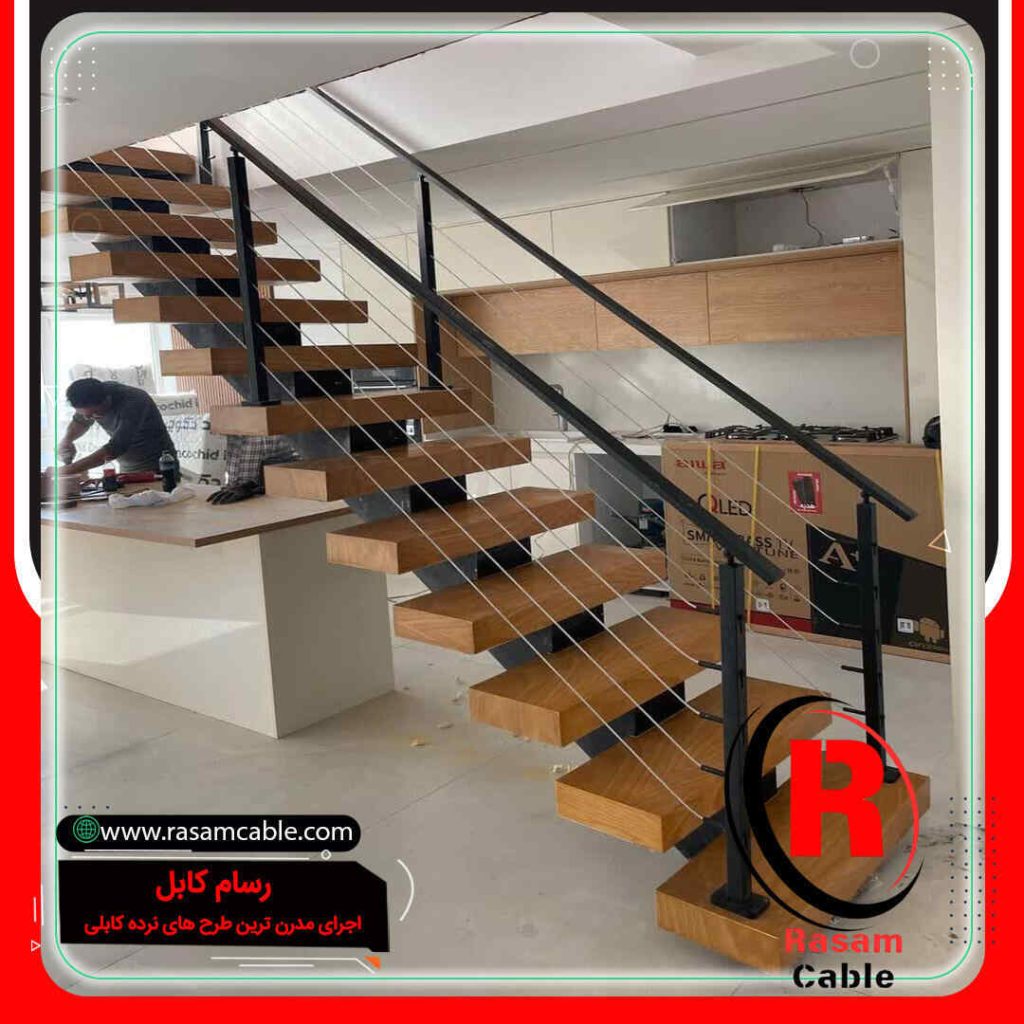 نرده کابلی پله تک محور چوبی