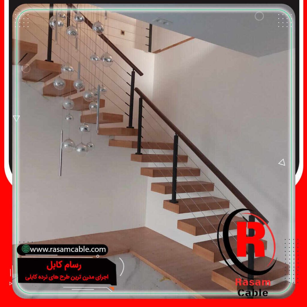 اجرای راه پله تک محور چوبی نرده سیم بکسلی