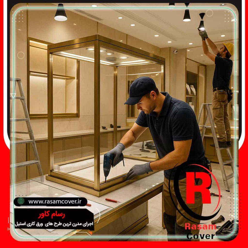 ساخت دکور استیل طلایی مغازه